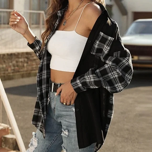 SHEIN Women’s M Oversized Color Block Black & White Plaid Button Down Shirt - Picture 1 of 12